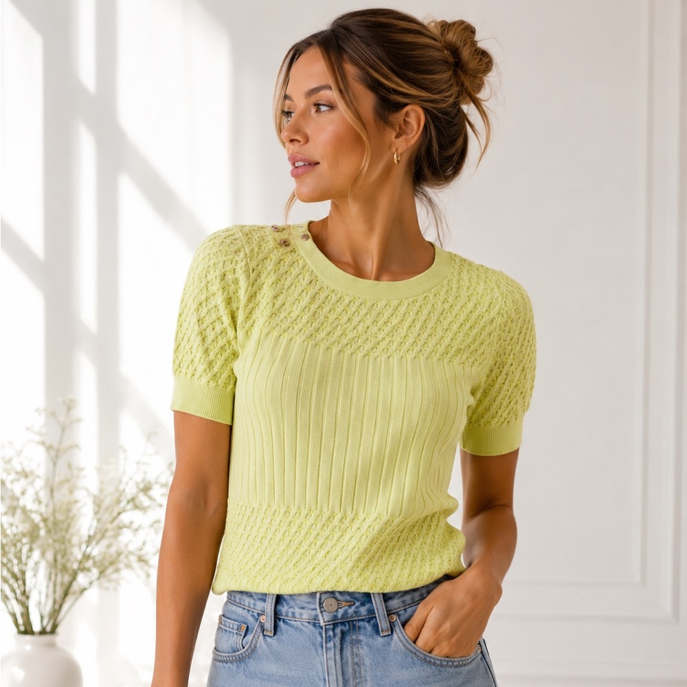 Anthropologie Lemon Yellow Knit Short-Sleeve Sweater Top